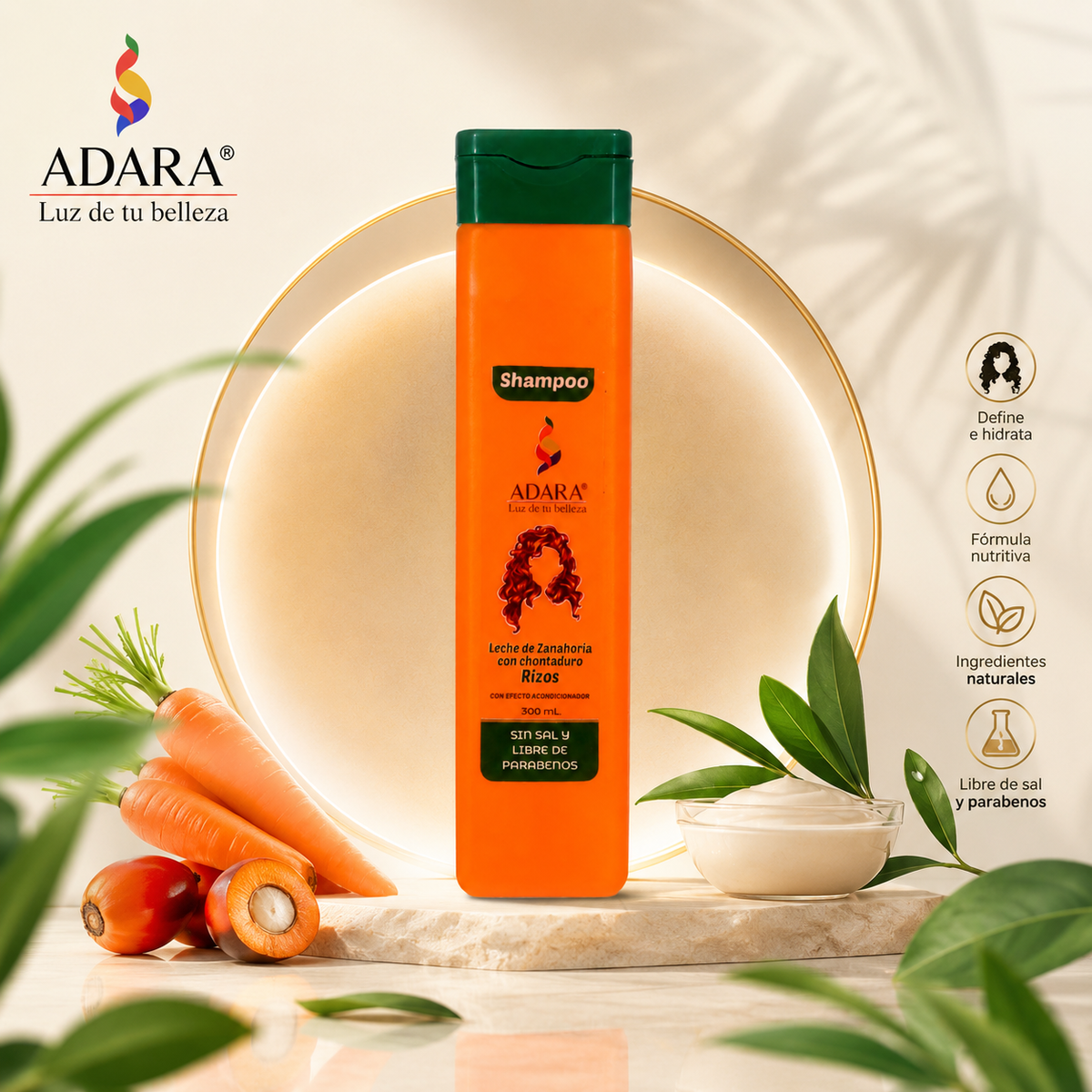 Shampoo Zanahoria y Chontaduro Adara Cabello Rizado, Nutrición e Hidratación