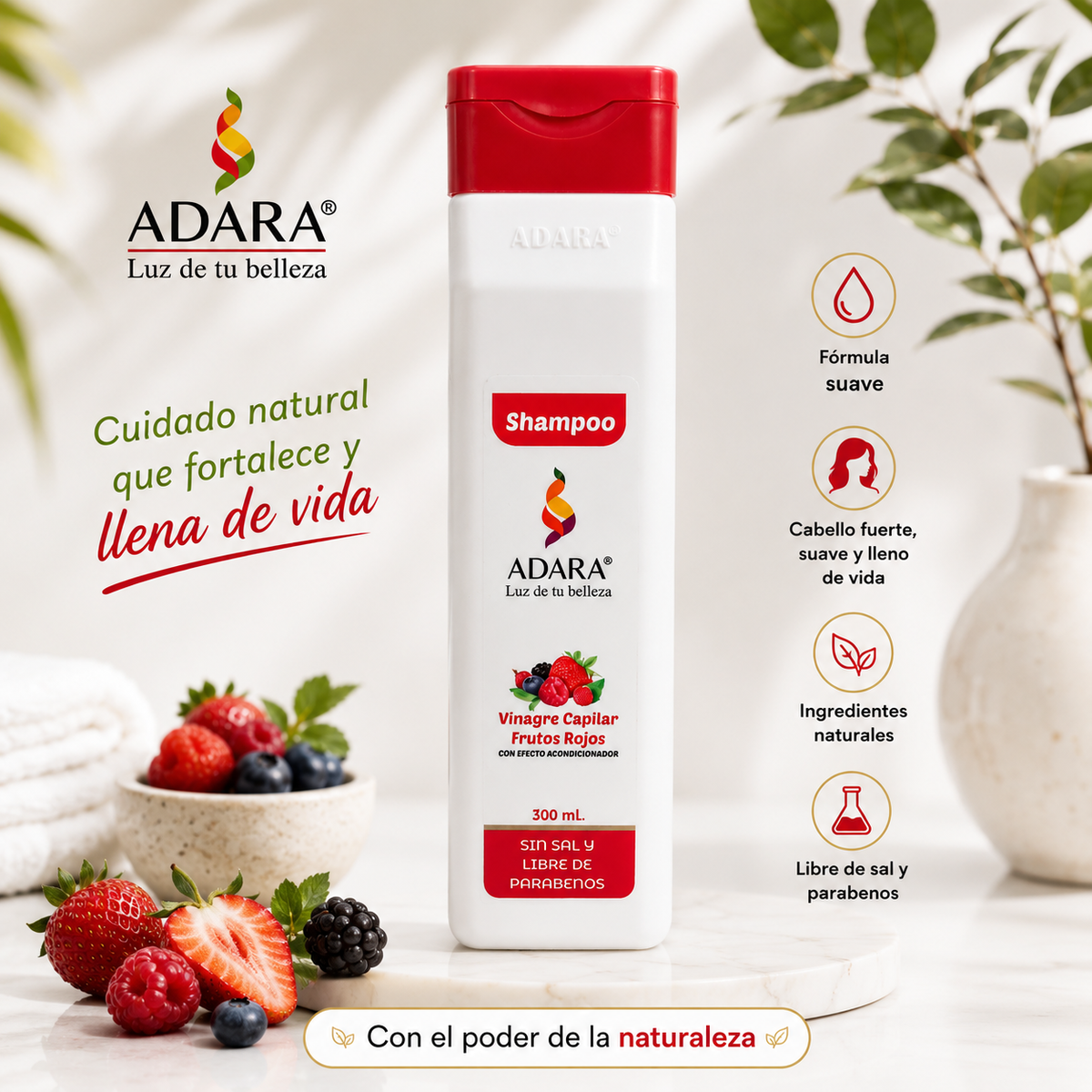 Shampoo Anticaspa Vinagre Capilar Frutos Rojos Adara Control Resequedad y Caspa