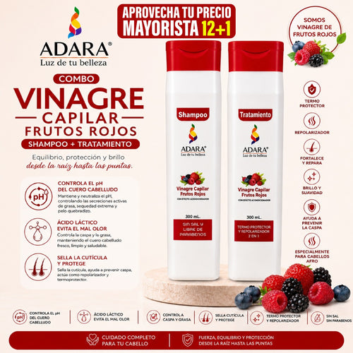 Combo - Shampoo y Tratamiento Adara Vinagre Capilar Frutos Rojos